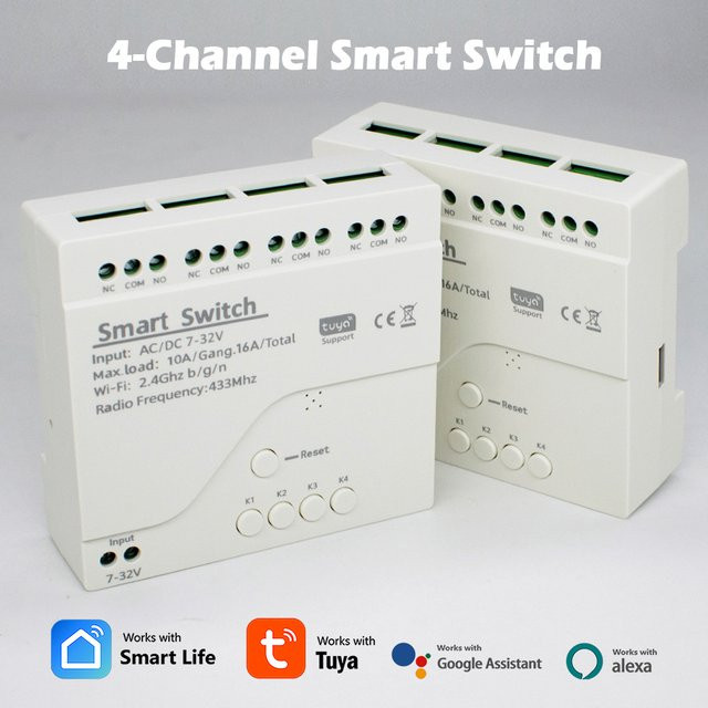 Tuya Smart 4-Kanal WLAN-Schaltmodul mit Gehäuse, Vierfach-Relais mit Trockenkontakt und RF433 Empfänger, Weiß, Alexa-kompatibel - Bild 1