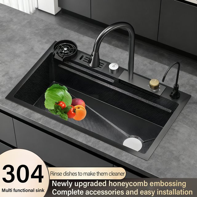 iosn Unterbau-Küchenarmatur in Schwarz mit Wasserfall-Design aus SUS304 für Einzelwaschbecken mit zwei Löchern - Bild 1