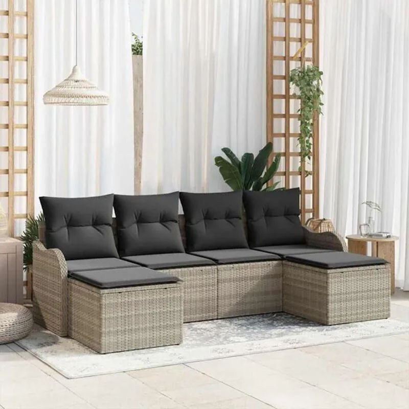 6-teiliges Garten-Sofa-Set mit Kissen aus Poly-Rattan in Hellgrau von vidaxl - Bild 1