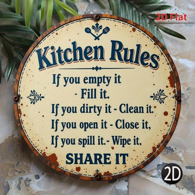 Rundes Metallschild XJJ TIN SIGN Küchenregeln Wandkunst aus Blech in Schwarz und Beige, Durchmesser: 20 cm - Bild 1
