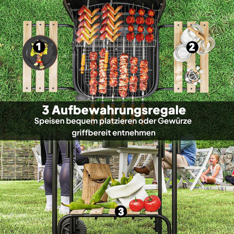 Outsunny Holzkohlegrill aus Stahl in Schwarz mit abschließbarem Deckel, Grillrost, Holzablage und Rädern, B/H/T: 54 x 91 x 98 cm - Bild 3