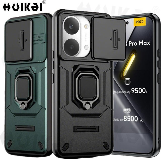 Xiaomi Poco X8 Pro Max 5G und Poco X8 Pro Panzerhülle mit Schiebe-Kamera-Schutz, Ringhalter und Kickstand Standfunktion in Schwarz - Bild 1