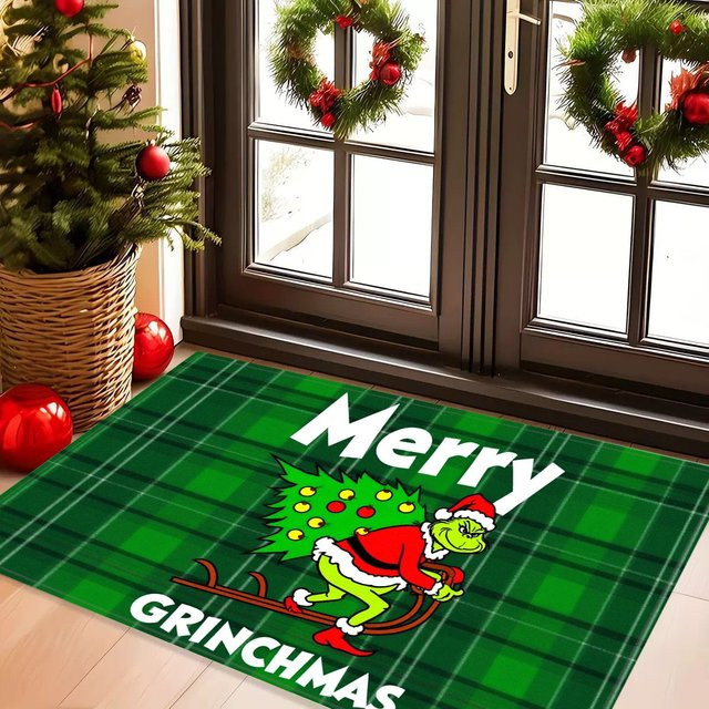 VIKAMA Weihnachtsmann und Grinch Teppich, Anti-Rutsch-Matte für Badezimmer und Eingangsbereich, grün, B/T: 60 x 40 cm - Bild 1