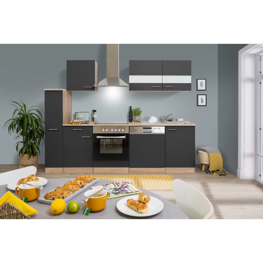 Respekta Küchenzeile KB250ESGC modern in Grau-Eiche Glänzend mit Einbaugeräten, Soft-Close-Türen und Glaselementen, Breite: 250 cm, Tiefe: 60 cm, Höhe: 82 cm - Bild 2