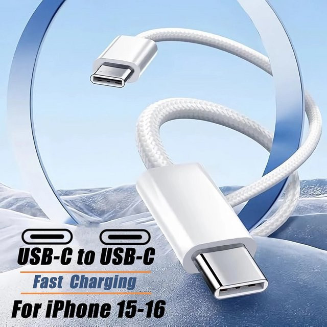 USB-C auf USB-C Ladekabel für Apple iPhone 16, Huawei, Xiaomi und Samsung, 60W PD Schnellladung, geflochtenes Kabel in Orange und Weiß - Bild 1