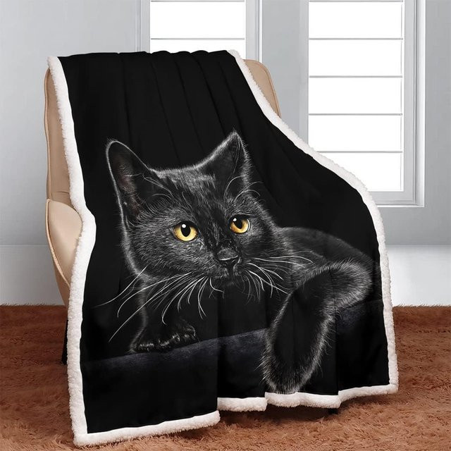 YISUMEI Black Cat Sherpa-Decke aus weichem Plüsch und Fleece für Erwachsene, Schwarz, B/T: 127 x 101 cm - Bild 1