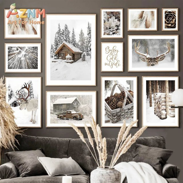 AZNM Leinwandposter Elch im Kiefernwald Winter Nordische Dekoration Mehrfarbig - Bild 1