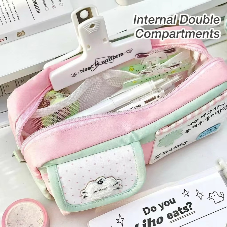 Niedliches Federmäppchen mit Katzen-Aufnähern und mehreren Taschen, Textil-Stiftebeutel für die Schule in Beige, Braun oder Pink - Bild 1