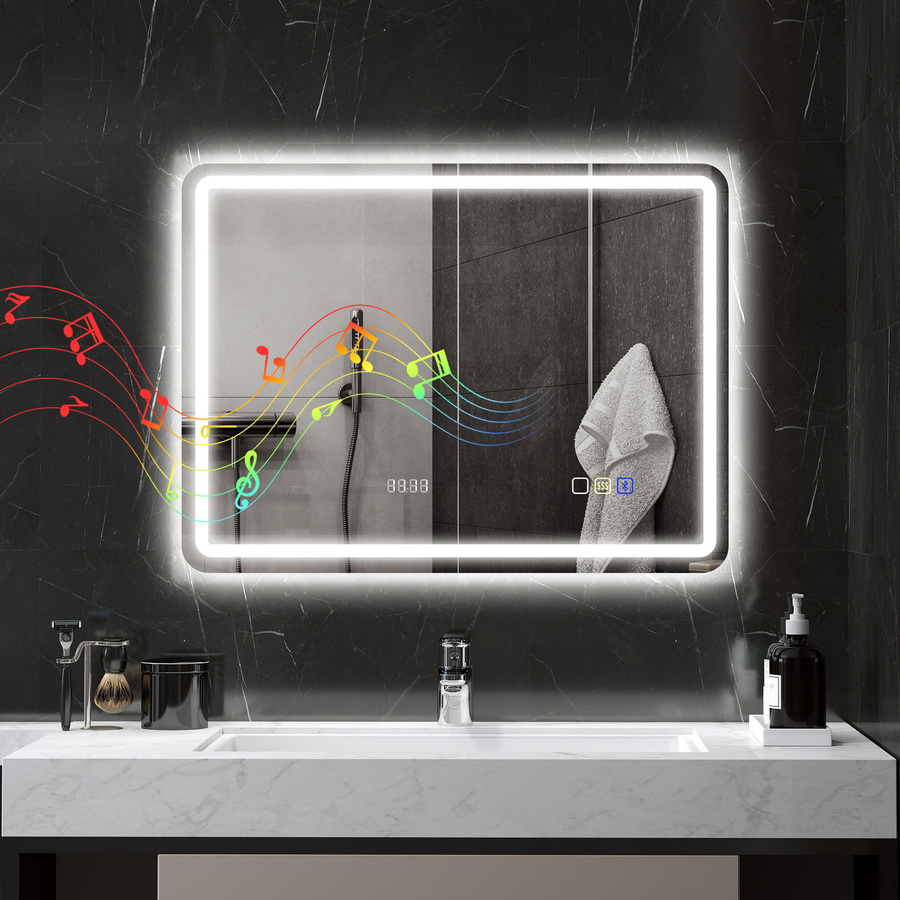 HOMCOM LED Badspiegel mit Bluetooth-Musikfunktion und Touchschalter, Wandspiegel mit Uhr und Memory-Funktion, Silber, B: 80 cm, H: 60 cm - Bild 2