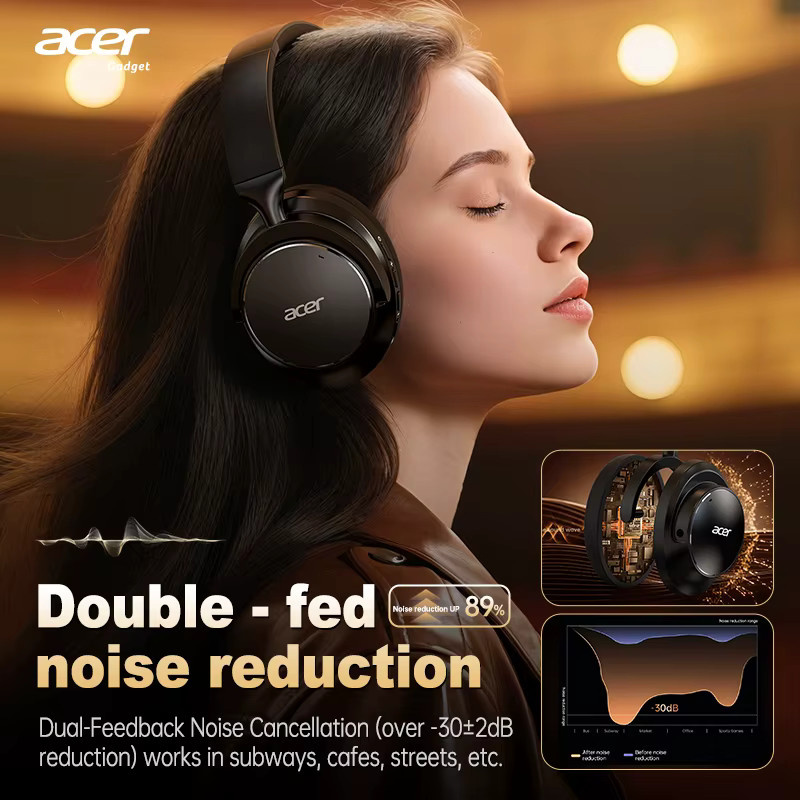 Acer Ohr560 Kabelloses Bluetooth-Over-Ear-Headset in Schwarz mit aktiver Geräuschunterdrückung und integriertem Mikrofon sowie 3,5-mm-Klinkenanschluss - Bild 3
