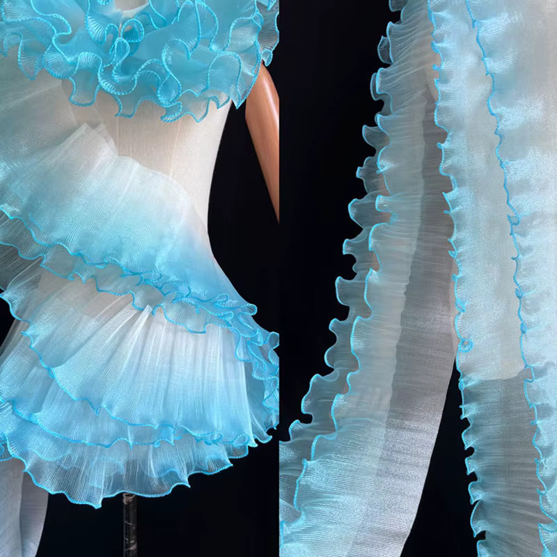Lotusblatt Organza Plissee Designer Stoff mit Farbverlauf und Rüschen als Spitzenbesatz für Hochzeit und DIY-Nähen, Multicolour, 5 Yards - Bild 1