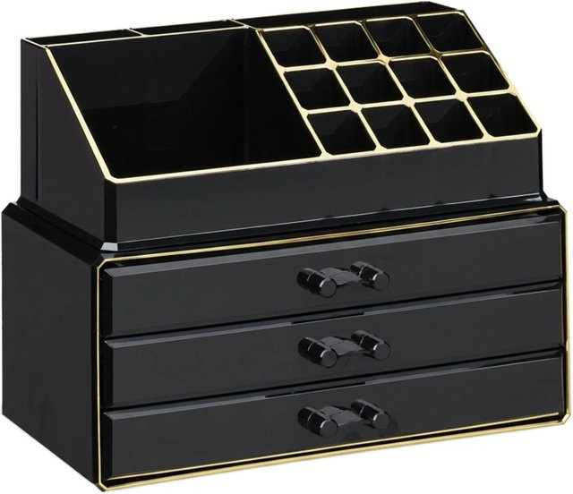 Relaxdays Make Up Organizer aus Acryl in Schwarz und Gold mit 3 Schubladen, B/T/H: 23,5 x 19 x 14 cm - Bild 1