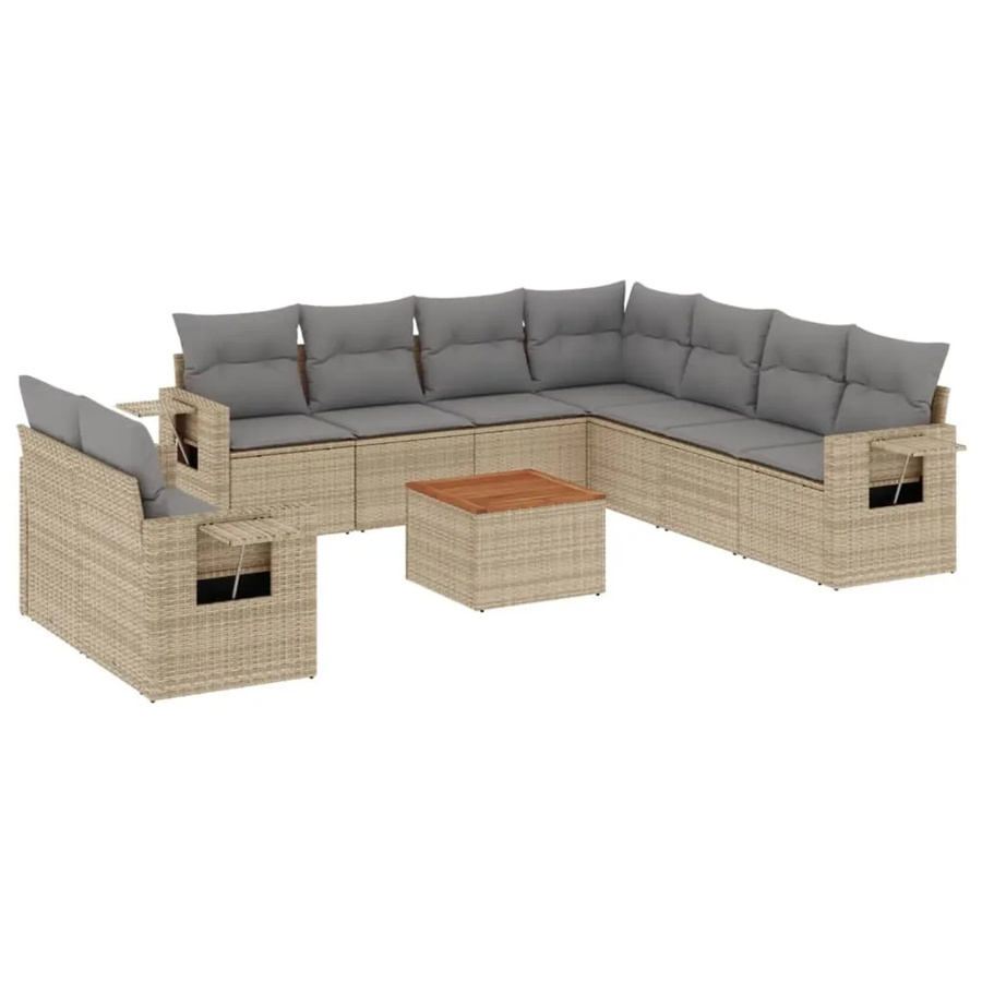 vidaXL 10-tlg. Garten-Sofagarnitur in L-Form aus Polyrattan und Akazienholz mit Kissen in Beige-Grau - Bild 2
