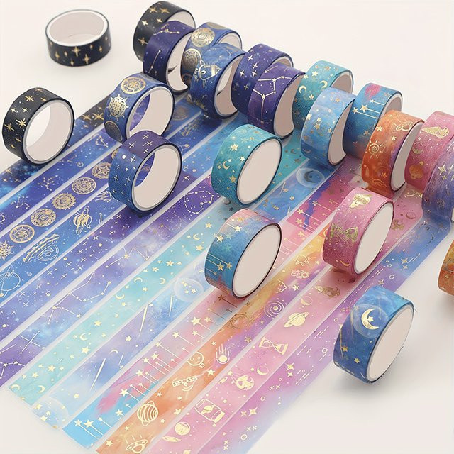 12-teiliges Washi-Tape-Set mit Goldfolie und Sternenhimmel in Gold und Multicolour für Scrapbooking und Basteln - Bild 1