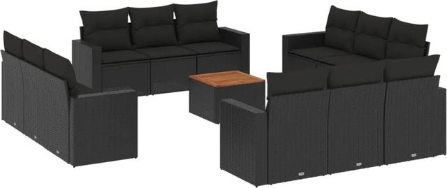 vidaXL 13-tlg. Garten-Sofagarnitur in L-Form aus Polyrattan und Akazienholz mit Kissen, Schwarz - Bild 1