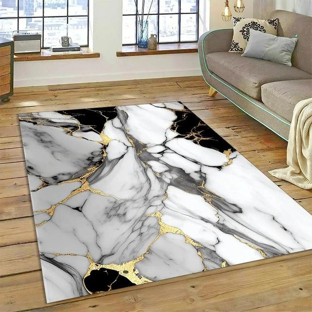 Karpetti Abstrakter Marmorteppich in Weiß, Rutschfest und Waschbar, B/T: 120 x 80 cm - Bild 1