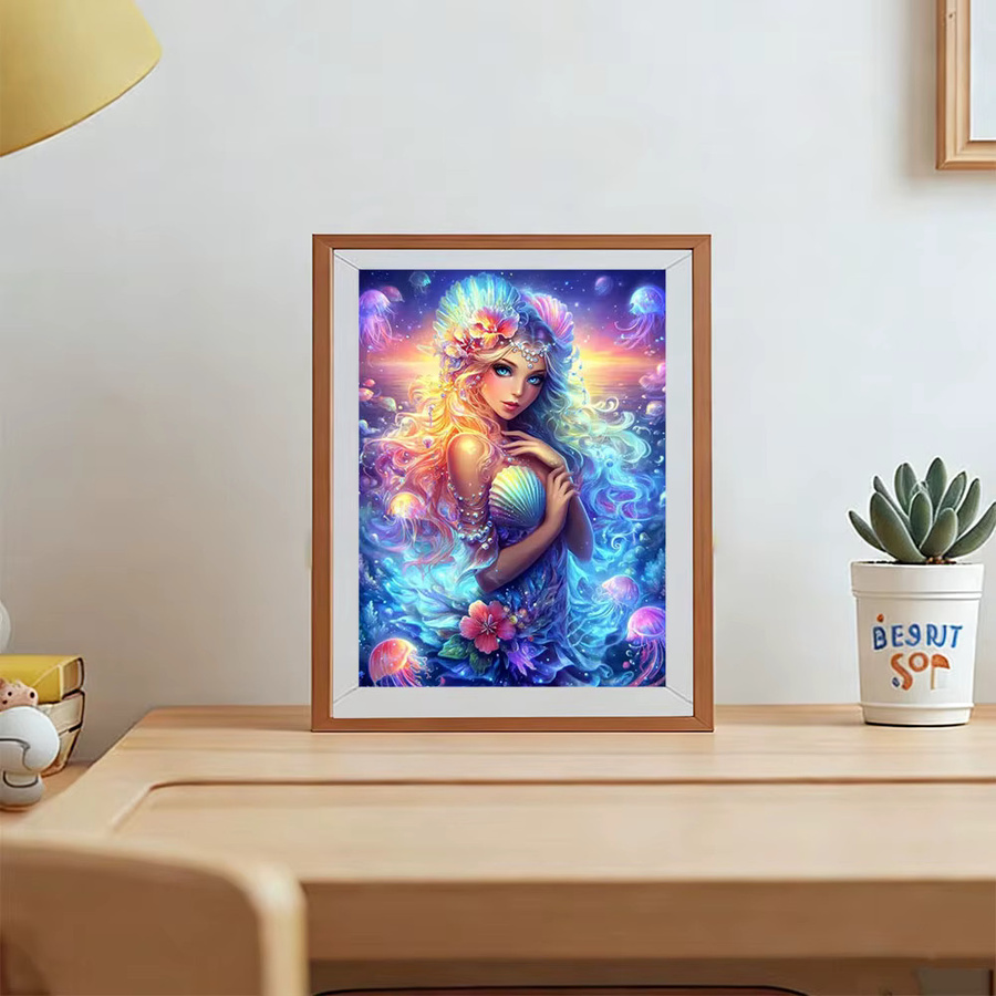AZQSD Diamant-Mosaik Mädchenporträt Meerjungfrau mit Meeresblumen in Multicolour, runde Diamanten-Malerei mit Strass-Effekt, B/H: 30,0 x 20,0 cm - Bild 3
