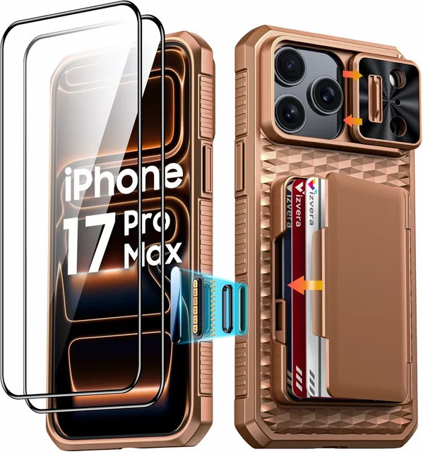 BANGZAO Wallet Case für iPhone 17 Pro Max mit Kartenhalter, Schiebe-Kameraabdeckung und Standfunktion in Gold - Bild 1