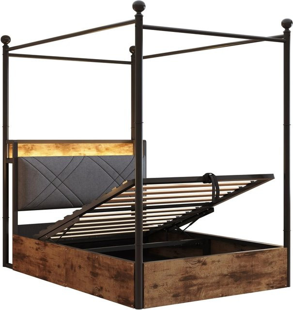 Merax Einzelbett mit Baldachin aus Metall in Schwarz mit LED-Unterbettbeleuchtung und USB-Ladeport, B/T/H: 90 x 190 x 208,6 cm - Bild 1
