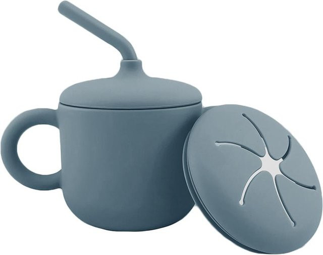 TOMTOP JMS 2-in-1 Silikon-Babybecher mit Strohhalm und Snackbecher-Deckel, auslaufsicher und BPA-frei, Blau - Bild 1