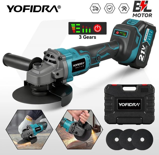 YOFIDRA M14 Bürstenloser Elektrischer Winkelschleifer 125mm mit 3 Geschwindigkeiten als Holzschleif-, Polier- und Schneidwerkzeug für Makita 21V Akku - Bild 1