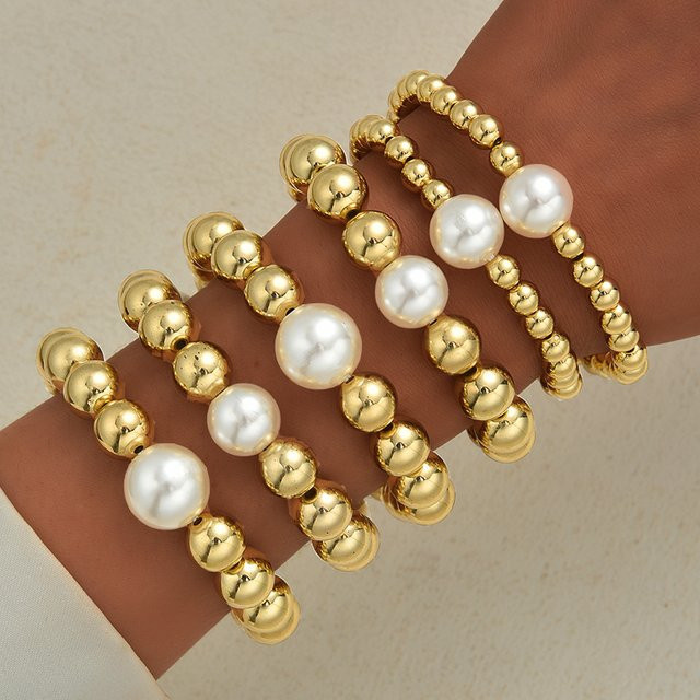 Armband-Set, 6-teilig, Perlen, Goldfarbe, Damen - Bild 1