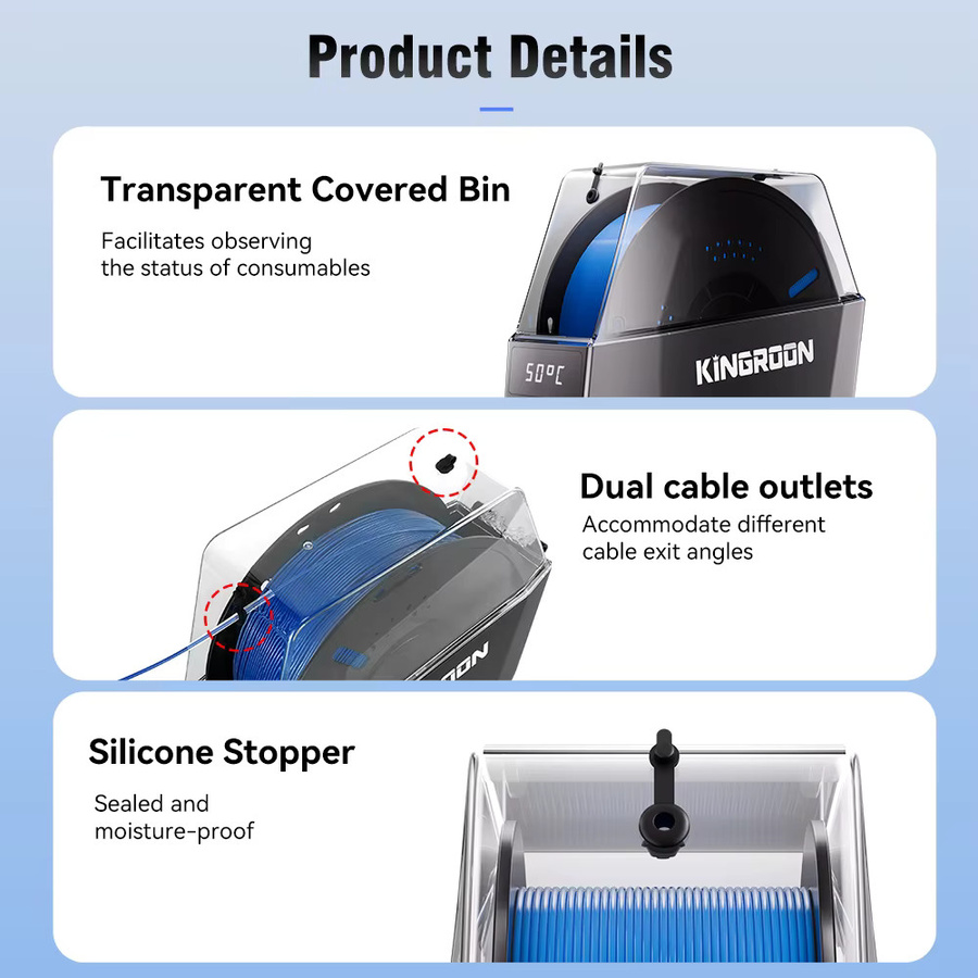 KINGROON KR01 3D-Filament-Trocknerbox in Schwarz mit 360 Grad Heißluftheizung für PETG, TPU, ABS, PLA+ und PLA - Bild 6
