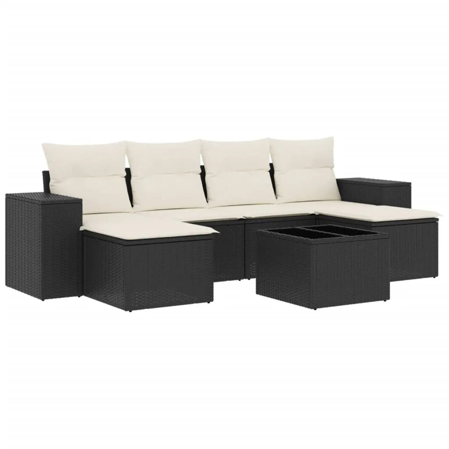 vidaXL 7-tlg. Garten-Sofagarnitur in L-Form aus Poly-Rattan mit Kissen und Ottoman in Schwarz - Bild 2