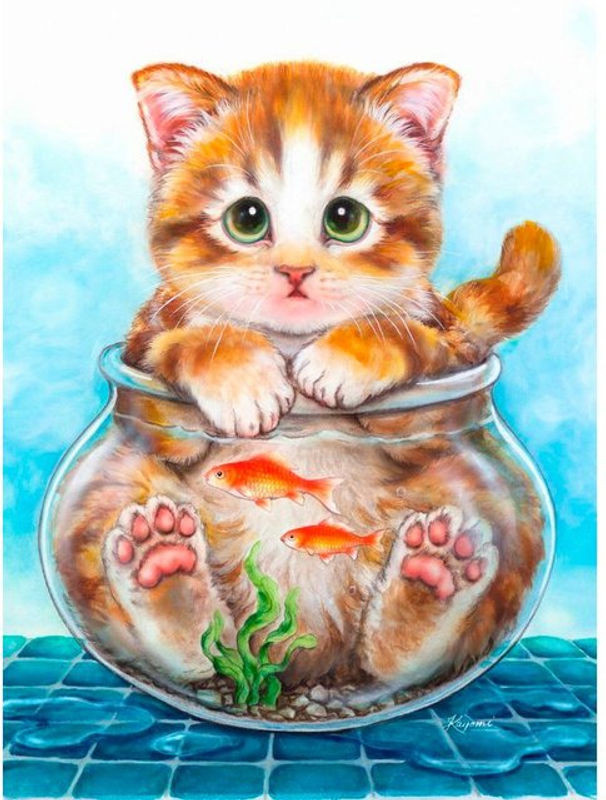 FIYO Diamond Painting Set Katzen und Fische im Aquarium, 5D DIY Malset mit Strasssteinen, Mehrfarbig, B x H: 30 x 20 cm - Bild 1