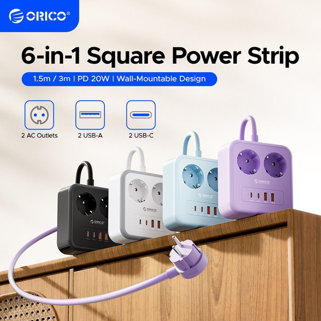 ORICO Desktop-Steckdosenleiste mit PD 20W Schnellladung, USB-C und USB-A Ladestation in Lila - Bild 1