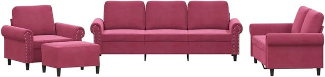vidaXL 4-teilige Sofagarnitur aus Samt in Rot mit Kissen, 3-Sitzer, 2-Sitzer, Sessel und Ottoman für dein Wohnzimmer - Bild 1