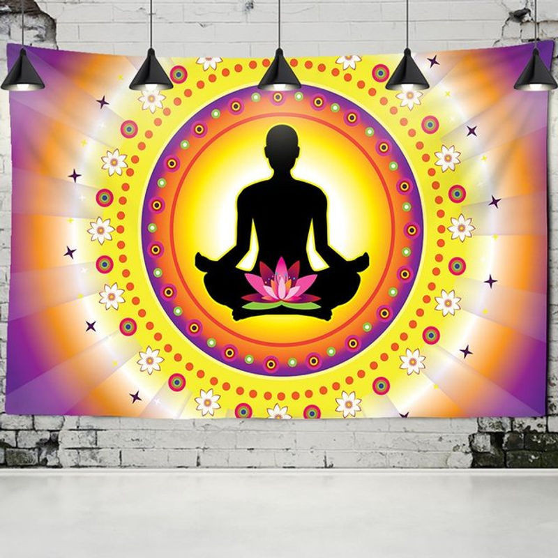 Bohemian Wandteppich mit Buddha Statue und Mandala Design, mehrfarbig, Textil, B: 95 cm, H: 70 cm - Bild 1