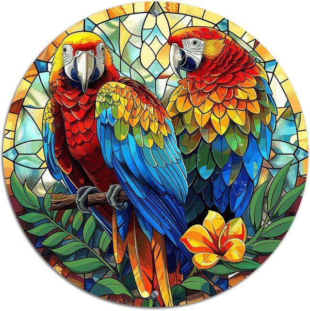 Potdemiel Metallblechschild Papagei im Buntglas-Stil mit Blumenmuster, Multicolor, B/B: 20,3 x 20,3 cm - Bild 1