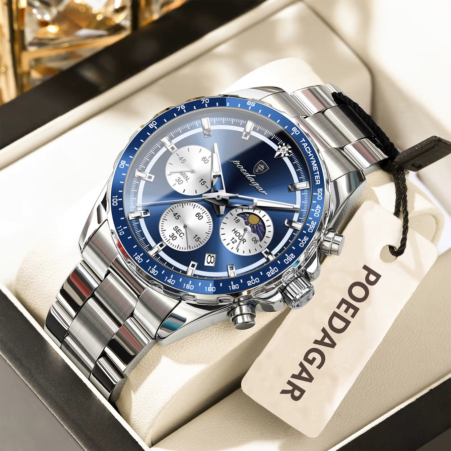 POEDAGAR Armbanduhr Chronograph, Quarz, Edelstahl, Silberblau, Herren - Bild 2