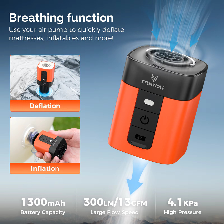 ETENWOLF AIR 3se Tragbare Mini-Elektropumpe Orange, 2-in-1 Wiederaufladbare Outdoor-Luftpumpe mit 2600mAh für Luftmatratzen, Isomatten und Schwimmreifen - Bild 2