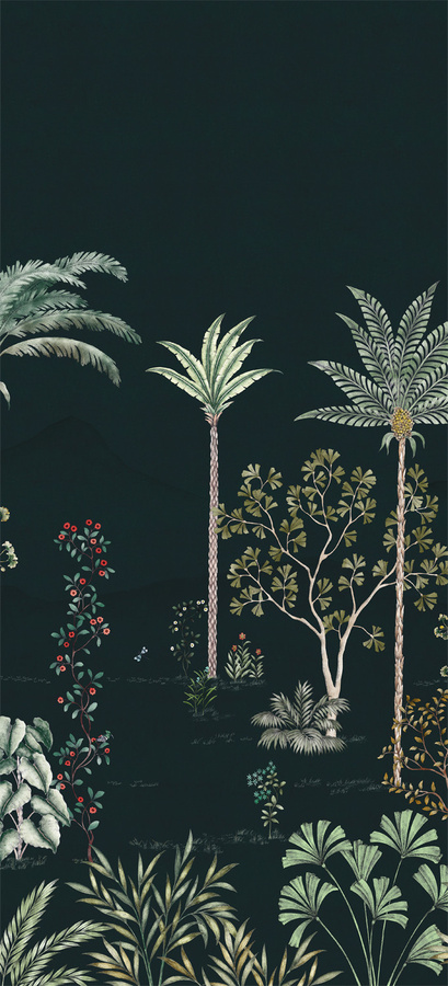 Isidore Leroy Panoramische Tapete Jardin des Oiseaux Nuit Panel B in Schwarz und Grün - Bild 1