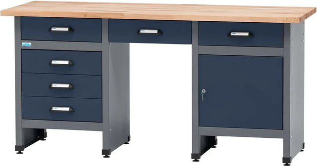 Küpper Werkbank-Komplett-Set Dunkelblau mit Vollbuchenplatte und Stahlblech, B: 170 cm, H: 84 cm, T: 60 cm - Bild 1
