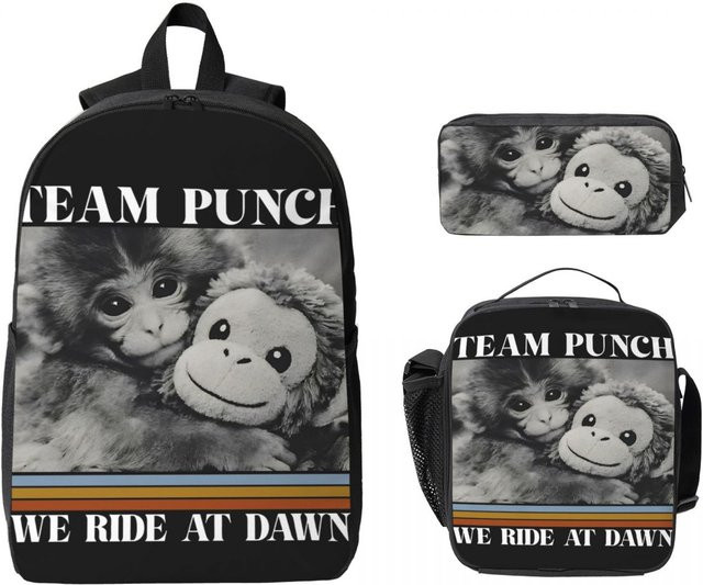 Fancy Style Studio Schultaschen-Set mit Affen-Stempel für Kinder, bestehend aus Federmäppchen, Rucksack-Set und Brotdose, Farbe: Schwarz - Bild 1