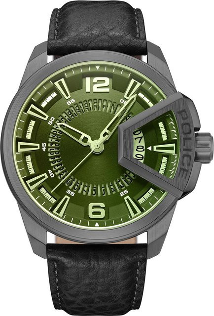 Police Herrenuhr, Quarz, Edelstahl, 46 mm, Leder, Grün, 5 ATM - Bild 1