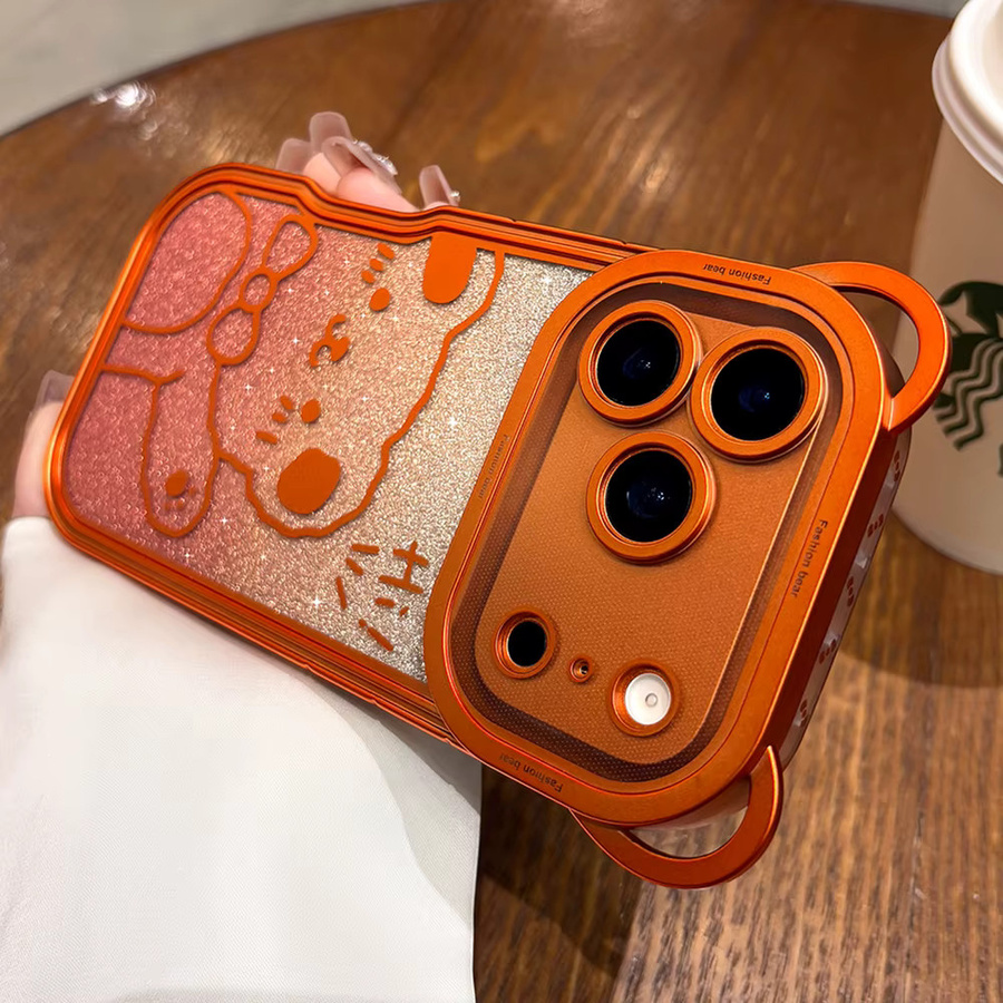 Transparente iPhone 17 Pro Max, iPhone 17 Pro und iPhone 17 Air Schutzhülle mit süßem Bären-Design und Lanyard in Orange aus stoßfestem TPU - Bild 3