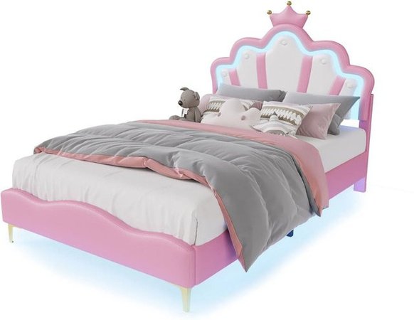 PXloue Kinderbett mit LED-Unterbettbeleuchtung und verstellbarem Kopfteil in Rosa, gepolstertes PU-Polsterbett B/T/H: 90 x 190 cm