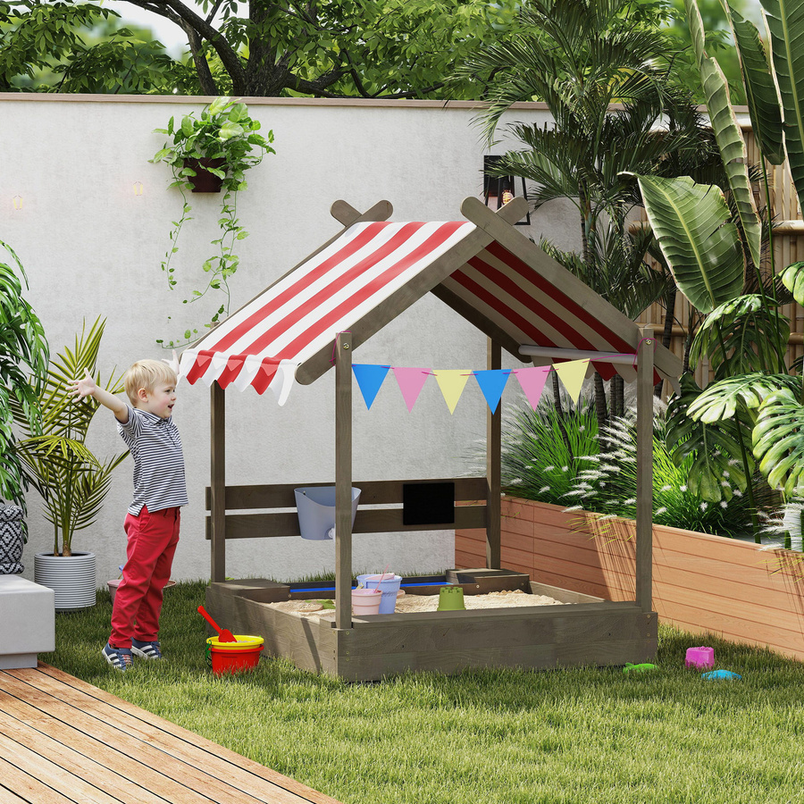 Outsunny Sandkasten aus Holz mit Dach und Sitzplatz, Spielhaus mit Tafel für Kinder von 3 bis 7 Jahren, Farbe: Grau, H x B x T: 146 x 124 x 116 cm - Bild 2