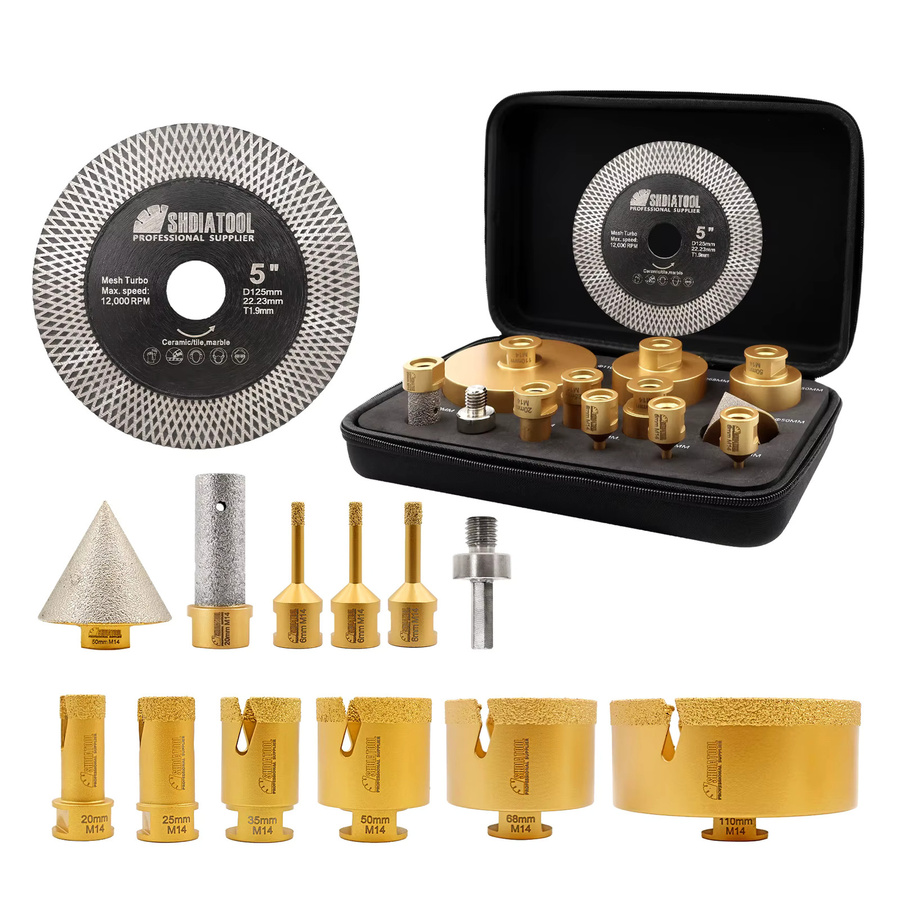 SHDIATOOL 13-teiliges Diamantbohrer-Set in Gold mit Lochsägen 6–110 mm, Fräser, Fase, Trennscheibe und Sechskant-Adapter für Fliesen - Bild 6