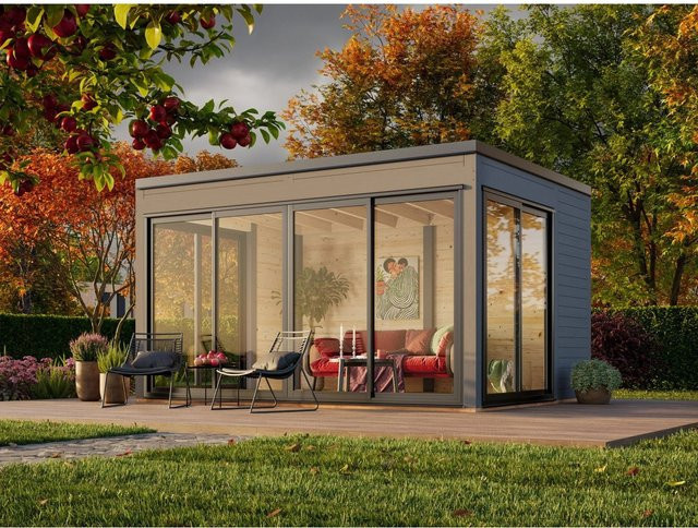 Palmako Gartenhaus Serena Slide Plus aus Fichtenholz mit Pultdach in Dunkelgrau B: 420 cm, T: 320 cm, H: 250 cm - Bild 1