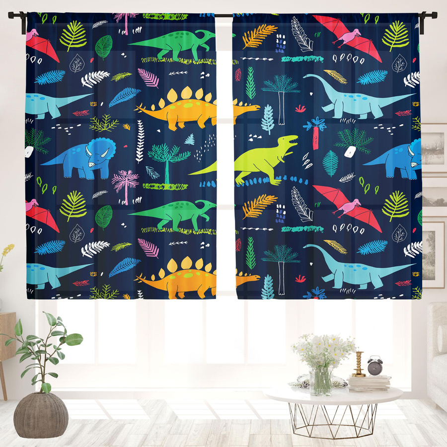 2er-Set Jurassic Park Dinosaurier Vorhänge mit Grafikmuster, halbtransparent, Mehrfarbig, B: 150 cm, H: 166 cm - Bild 2