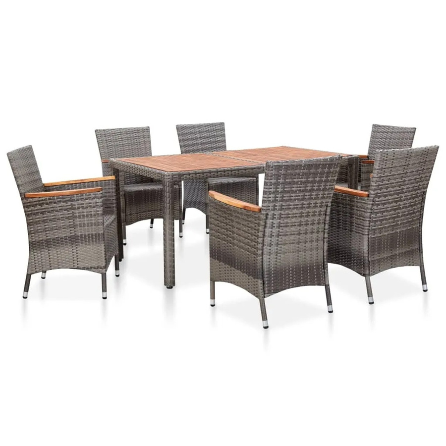 vidaXL 7-tlg Garten-Essgruppe aus Poly Rattan in Grau mit Akazienholz-Elementen - Bild 2