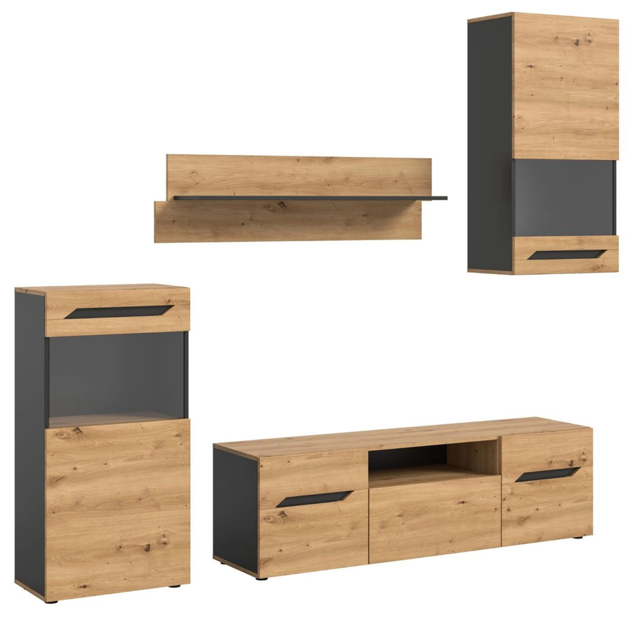 Moderne Wohnwand Aversa in Eiche und Grau mit Vitrine und Lowboard, Breite: 254 cm - Bild 5