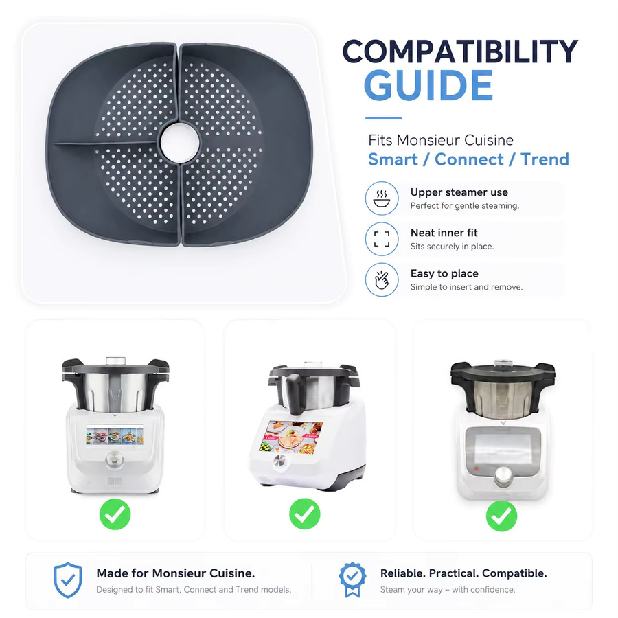 Geteilte Silikon-Dämpfschale für Monsieur Cuisine Connect Smart Trend, 2-teiliger Dämpfeinsatz mit Edelstahlring, Grau - Bild 6