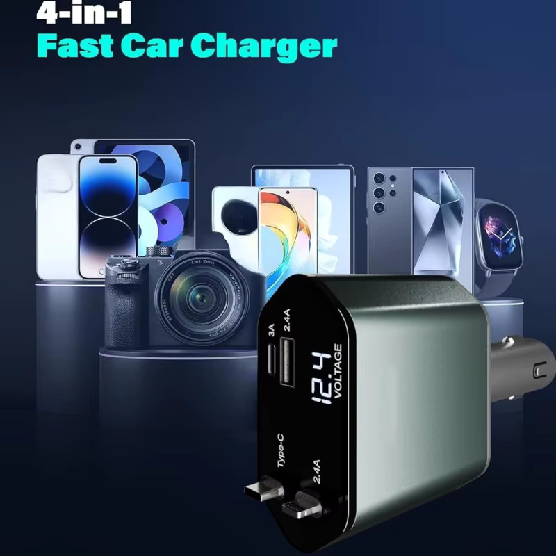 4-in-1 Mini Autoladegerät mit einziehbarem USB-C Schnellladekabel in Schwarz - Bild 3