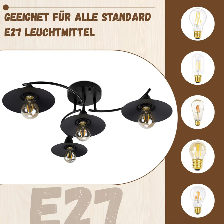 Cliheet Industrie-Deckenleuchte im Vintage-Design, Schwarz, 4-flammig, E27, Metall - Bild 2